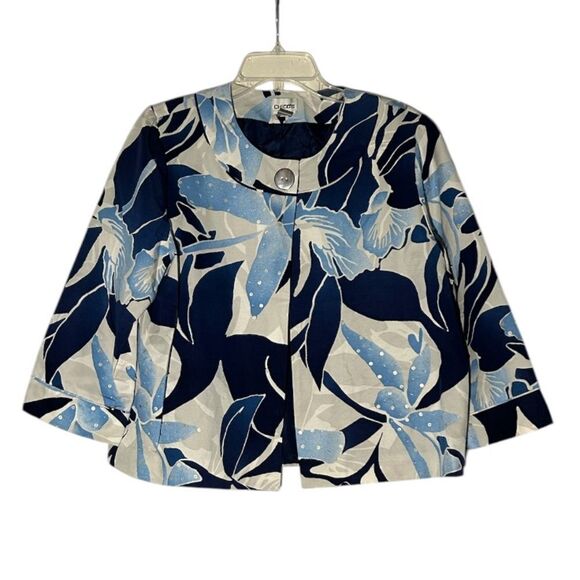 Chico's Ice Garden Frannie Ink White Blue Silk Cotton Sequin Blazer Size L 12 - Picture 1 of 9